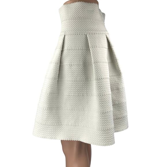 H&M White Embroidered Texture Pleated High Waisted Stripe A Line Mini Skirt Sz M - Picture 2 of 6